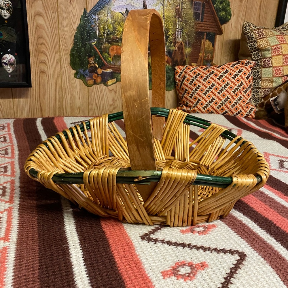 Woven Basket with handle with Green Accent